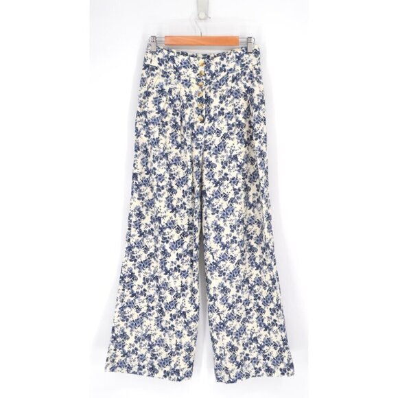 Chelsea & Violet Floral Wide Pants Button Fly Cotton Linen Blue White Women's 4 - Picture 2 of 9